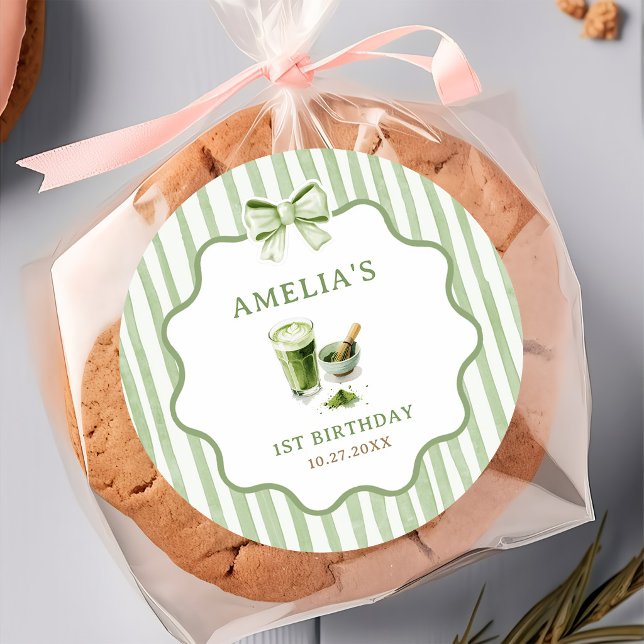 Autocollant d'anniversaire Matcha Rayures de ruban (Créateur téléchargé)