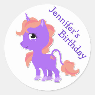 Autocollant d'anniversaire mignon violet Unicorn