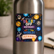 Autocollant d'anniversaire spatial Blast Off pour