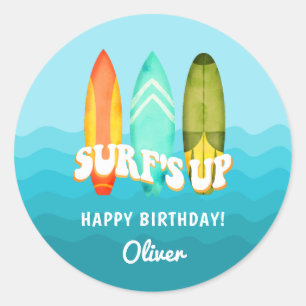 Autocollant d'anniversaire Surfs Up Surfboard Kids