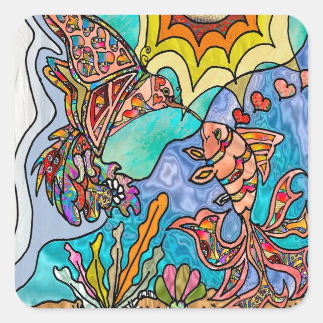 Autocollant d'art Colibri Poisson rouge réflexion (Devant)