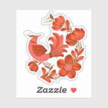 Autocollant d'art folklorique rouge oiseau et flor