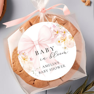 Autocollant de Baby Shower Bébé en Fleur Ruban Ros