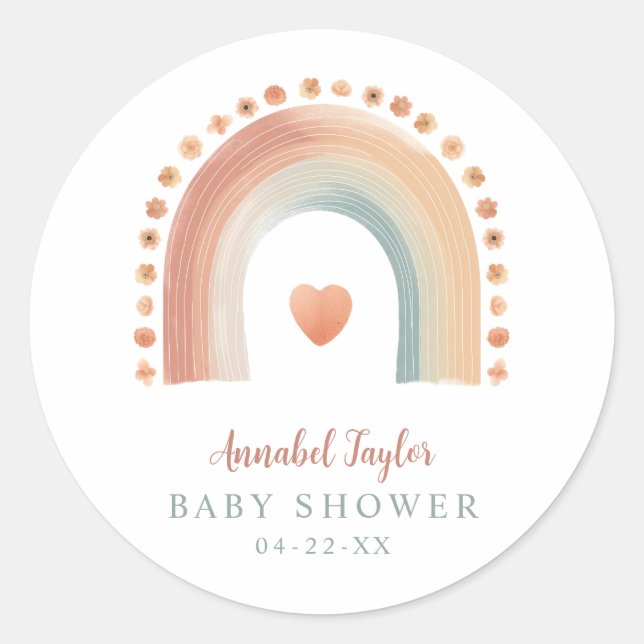 Autocollant de Baby Shower Boho Rainbow – Rond Aqu (Devant)