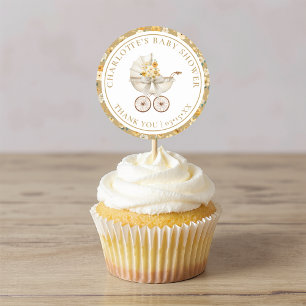 Autocollant de Baby Shower Floral avec Landau Neut