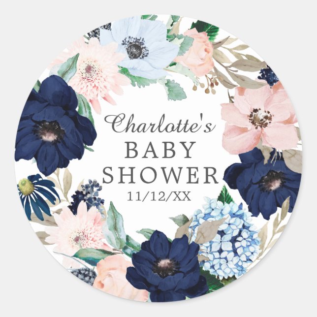 Autocollant de Baby shower floral bleu marine et b (Devant)