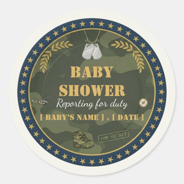 Autocollant de Baby Shower Militaire Présentation  (Devant)
