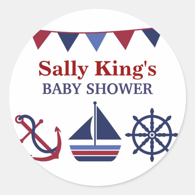 Autocollant de Baby Shower Nautique Bleu et Rouge (Devant)