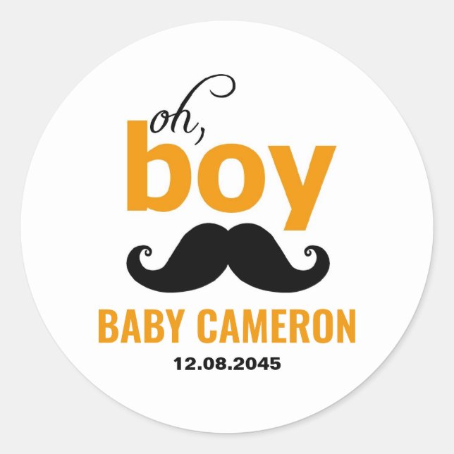 Autocollant de Baby Shower Orange C'est un Garçon  (Devant)