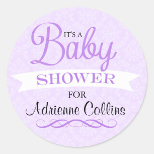 Autocollant de Baby Shower Purple Chic Damask
