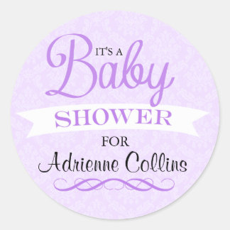 Autocollant de Baby Shower Purple Chic Damask