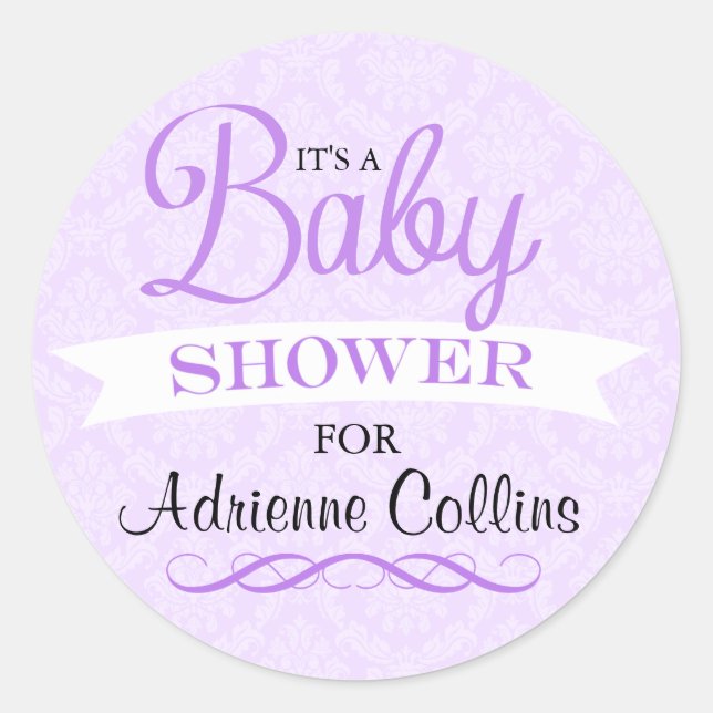 Autocollant de Baby Shower Purple Chic Damask (Devant)
