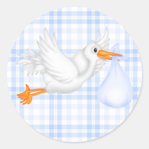 Autocollant de Baby Shower Stork Bleu à Carreaux B