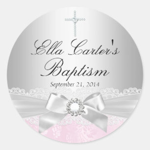 Autocollant de baptême à dentelle rose et croix