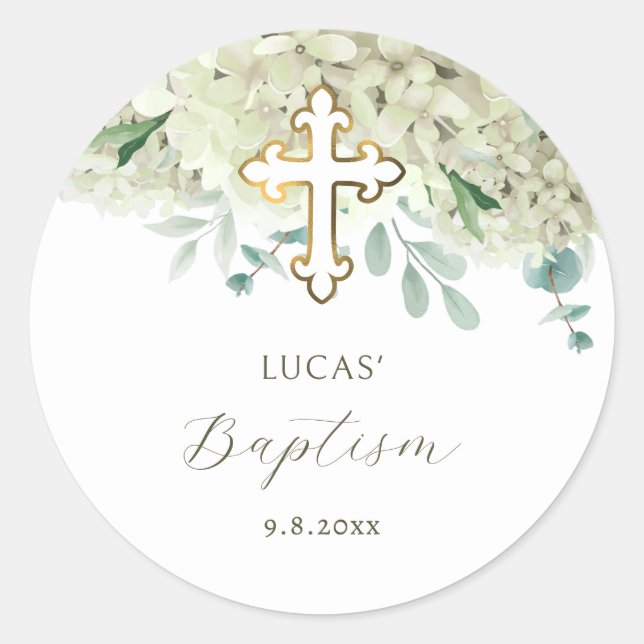 Autocollant de baptême à l'hortensia blanc (Devant)