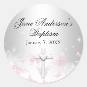 Autocollant de baptême croix papillon argent rose