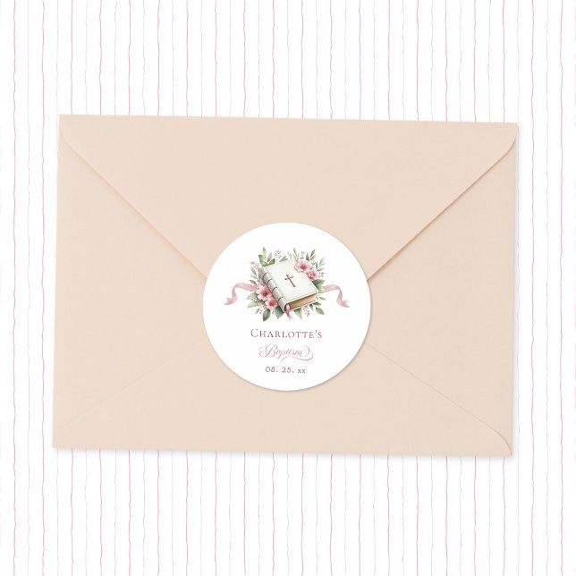 Autocollant de baptême de fleur rose moderne (Créateur téléchargé)
