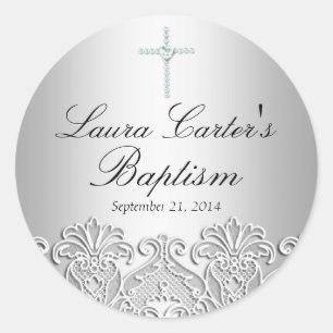 Autocollant de baptême dentelle blanche et croix