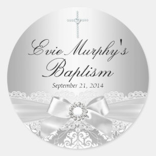 Autocollant de baptême en damas argenté et joli nœ