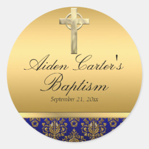 Autocollant de baptême en damas bleu royal et croi