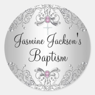 Autocollant de baptême Jewel rose et argenté scint