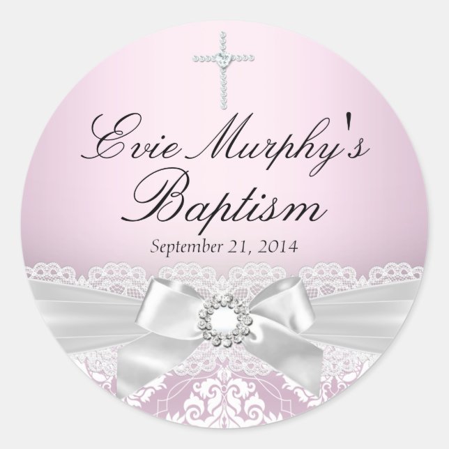 Autocollant de baptême rose argenté et damassé & n (Devant)