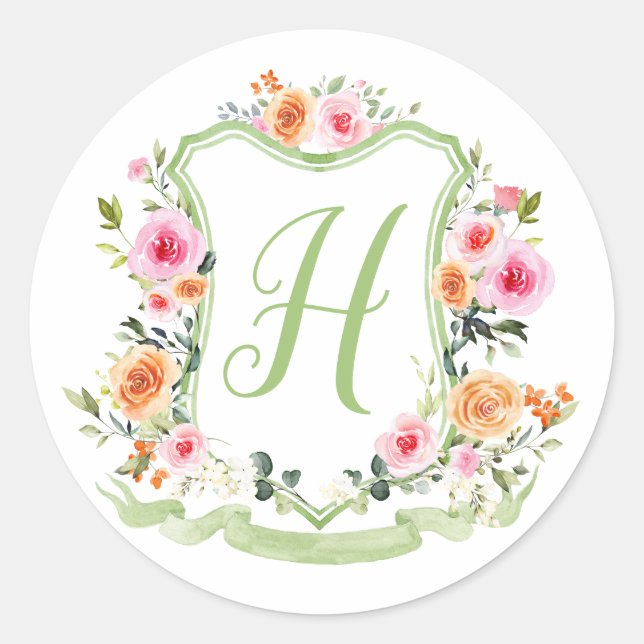 Autocollant de blason floral aquarelle monogramme  (Devant)