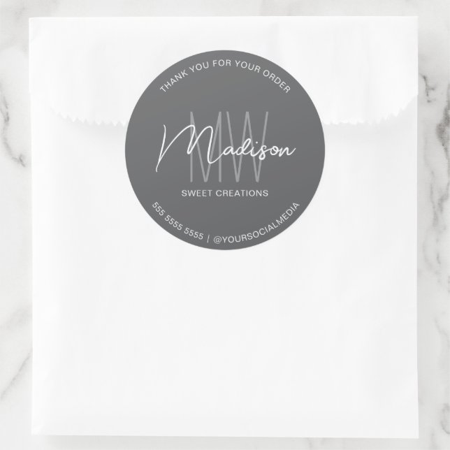 Autocollant de boulangerie Gris Monogramme Personn (Sac)