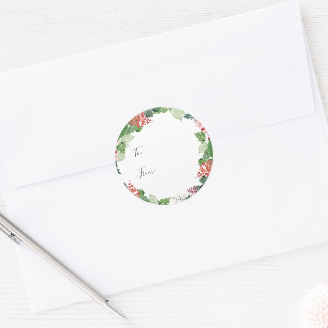 Autocollant de cadeau botanique de vacances (Watercolor Greenery and Red Berries Holiday Botanical Gift Sticker by Painted Paperie
)