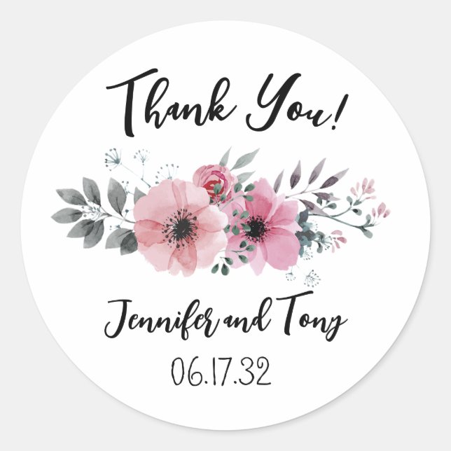 Autocollant de cadeau de mariage Fleurs roses et r (Devant)