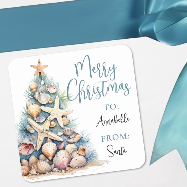 Autocollant de cadeau de Noël de plage (Beach Christmas Gift Tag Sticker)
