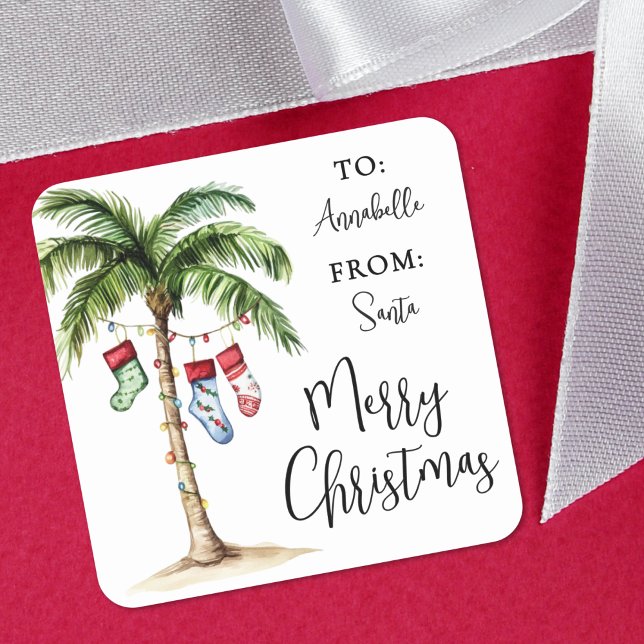 Autocollant de cadeau de Noël de plage (Palm Tree Tropical Christmas Gift Tag Sticker)