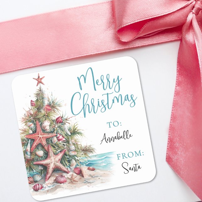 Autocollant de cadeau de Noël de plage tropicale (Tropical Beach Christmas Gift Tag Sticker)
