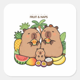 Autocollant de capybara mignon avec des fruits et