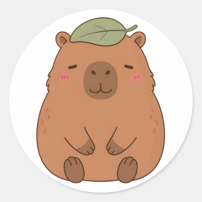 Autocollant de capybara mignon avec une feuille ve (Devant)