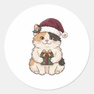 Autocollant de chat de Noël portant un cadeau