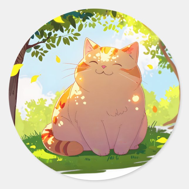 Autocollant de chat dodu caressé par le soleil (Devant)