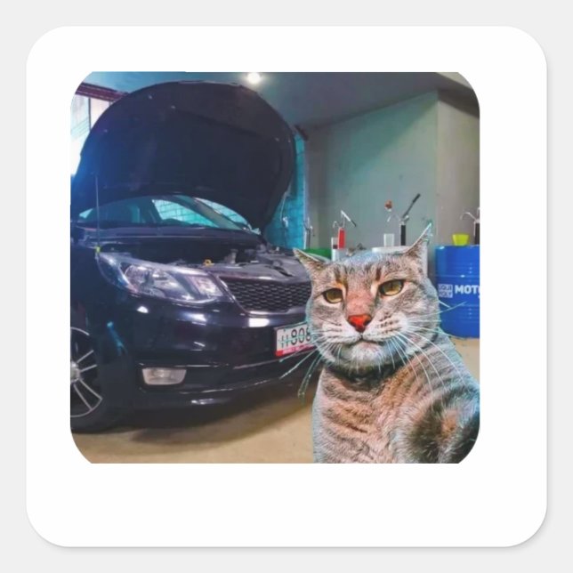 Autocollant de chat mécanicien drôle dans un garag (Devant)