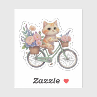 Autocollant de chat mignon sur vélo floral