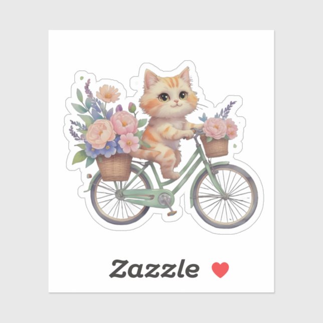 Autocollant de chat mignon sur vélo floral (Feuille)