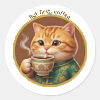 Autocollant de chat orange mignon buvant du thé ca