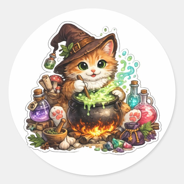 Autocollant de chat sorcière de brassage de potion (Devant)