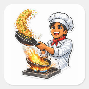 Autocollant de chef cuisinant du riz frit