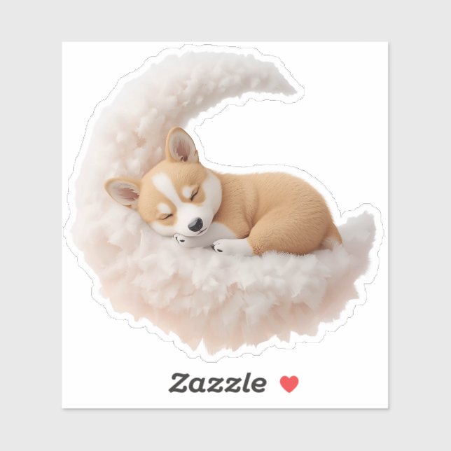 Autocollant de chiot endormi adorable sur une lune (Feuille)
