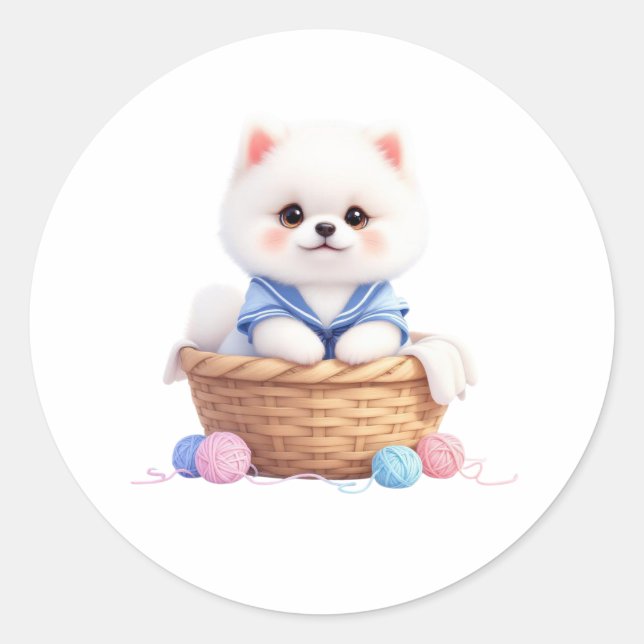 Autocollant de chiot mignon dans un panier (Devant)