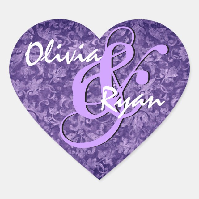 Autocollant de coeur violet Mariage damassé (Devant)
