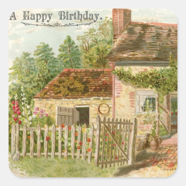 Autocollant de cottage vintage joyeux anniversaire (Devant)