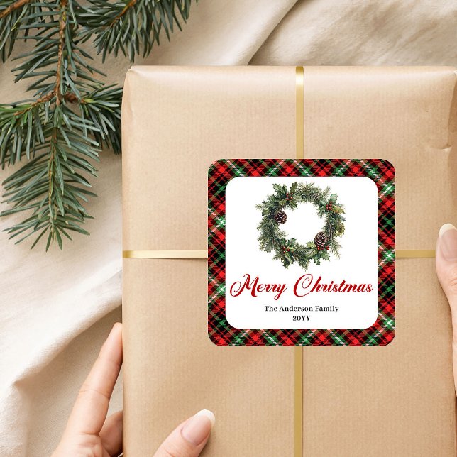 Autocollant de couronne de Noël vintage personnali (Vintage Christmas Wreath Sticker Custom Family Name)