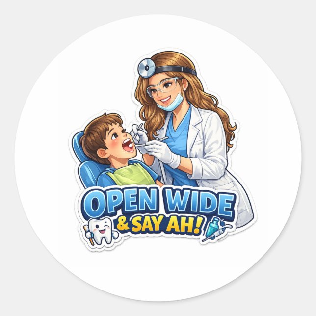 Autocollant de dentiste « Ouvrez grand, dites Ah » (Devant)