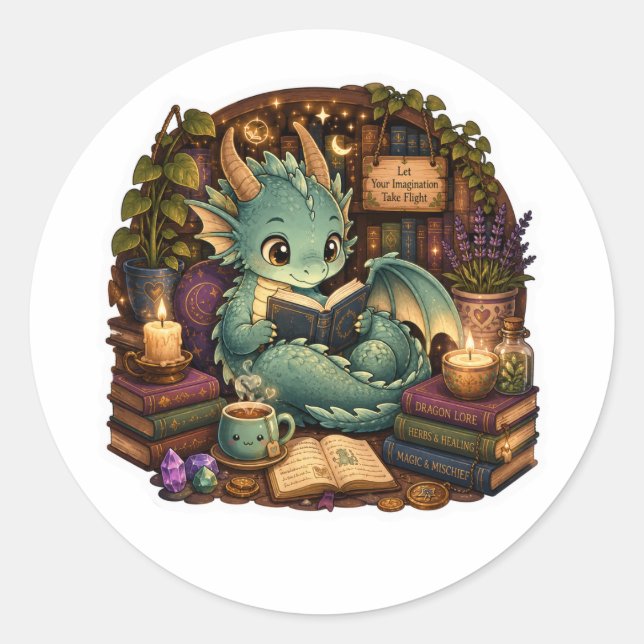 Autocollant de dragon amateur de livres mignon (Devant)